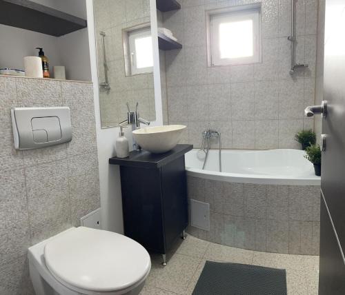 a bathroom with a sink and a toilet and a tub at Cozy Loft in Piteşti