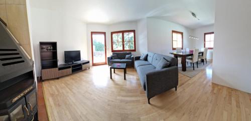 uma sala de estar com um sofá e uma sala de jantar em Apartment 12 - Geräumige Ferienwohnung im Tullnerfeld 