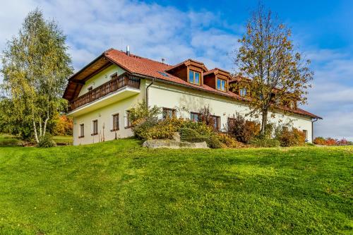 ein großes Haus auf einem Grasfeld mit einem Baum in der Unterkunft Apartmán Nahoře in Vacov