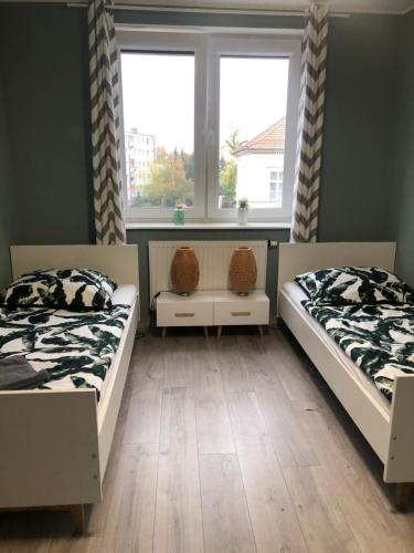 two beds in a room with a window at Apartament Mia in Malbork