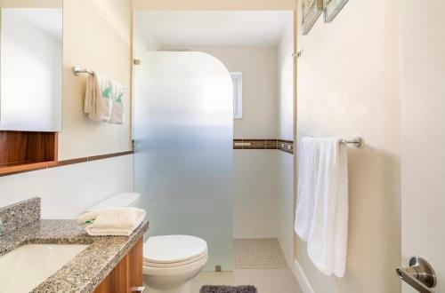 a bathroom with a toilet and a shower at Natty’s Cozy Beach house in Hanover Jamaica in Point