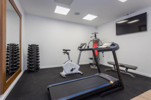 a gym with a treadmill and two exercise bikes at Villa Platinium in Opatija
