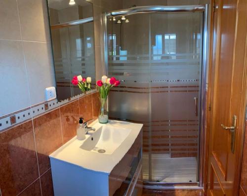 a bathroom with a sink and a shower with flowers at Apartamento en la playa in Tavernes de Valldigna