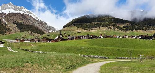 a village on a green hill with a mountain at Yeti Lodge in Sedrun