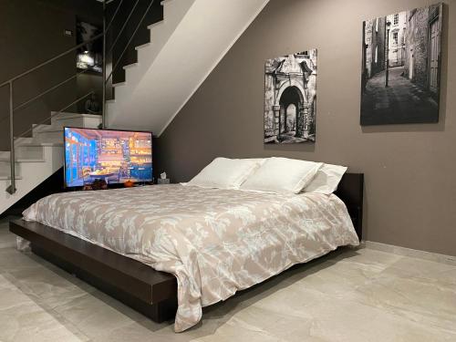 ein Schlafzimmer mit einem Bett und einem TV darauf in der Unterkunft La Rosa di Vinovo - Open Space in Vinovo