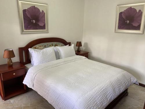 a bedroom with a white bed with two night stands at El Castillo de Nallig in Gualaceo