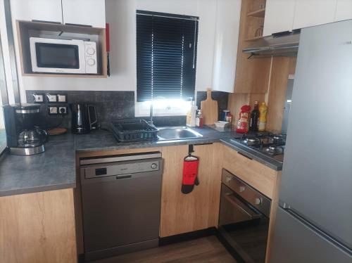 a small kitchen with a stove and a sink at Mobil home Le Galland de Dugny in Onzain