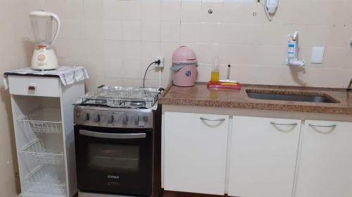 a small kitchen with a stove and a sink at Apto acochegante com Praia e lazer in São Vicente