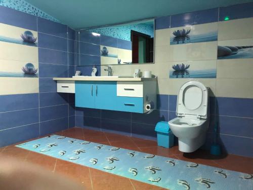 a blue bathroom with a toilet and a sink at Villa Ceni in Elbasan