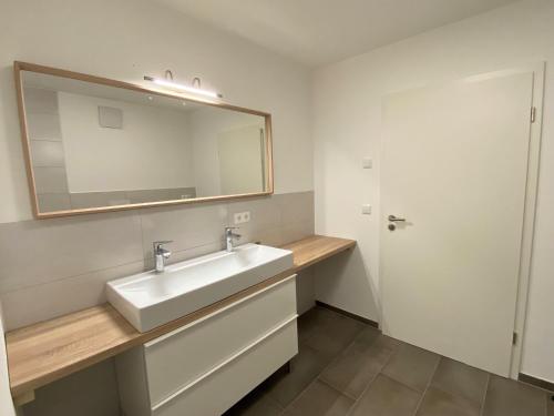 a bathroom with a sink and a mirror at Wiesenquell Apartment Feldberg in Feldberg