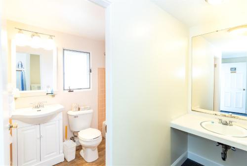 La salle de bains est pourvue d'un lavabo, de toilettes et d'un miroir. dans l'établissement Dune Crest Hotel, à North Truro