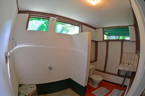 a small bathroom with a toilet and a window at Poor Man's Paradise Lodge in Drake