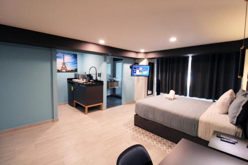 um quarto de hotel com uma cama e uma televisão em Casa Romita em Cidade do México