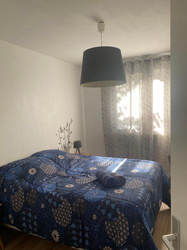 ein Schlafzimmer mit einem Bett mit einer blauen Decke und einem Fenster in der Unterkunft Le manège in Chambéry