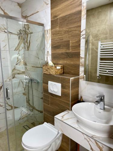 a bathroom with a toilet and a sink at Pink House Apartments in Jagodina