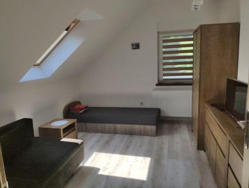 un salon avec un canapé et une fenêtre dans l'établissement Dom nad rzeką, à Nowy Gierałtów