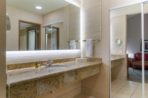 Best Western Plus Oak Harbor Hotel and Conference Center في أوك هاربور: حمام مع حوض ومرآة