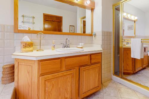 a bathroom with a sink and a mirror at Friendship Lodge in Pocono Lake