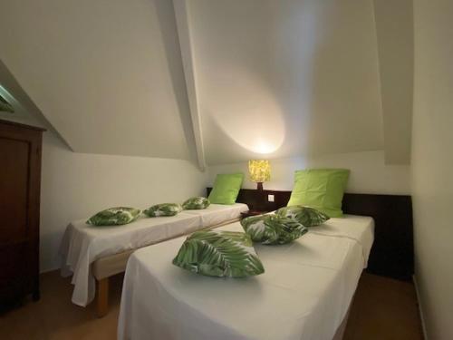 2 łóżka w pokoju z zielonymi poduszkami w obiekcie Ocean dream w mieście Sainte-Anne