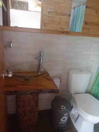 a bathroom with a glass sink and a toilet at Glamping Bellavista in La Vega