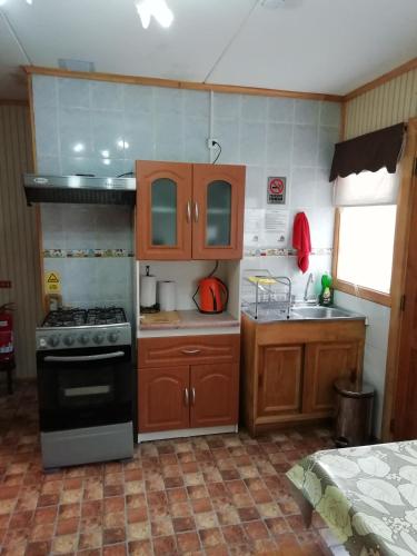 a kitchen with wooden cabinets and a stove top oven at Cabañas Avenida España in Punta Arenas