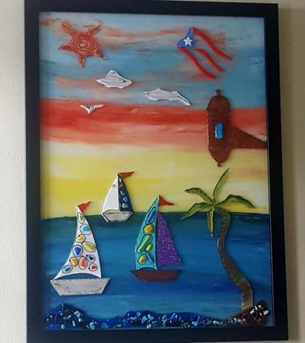 a painting of boats in the ocean with a lighthouse at Summer all year! Oceanfront with Pool A/C in Aguadilla