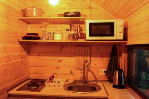 a kitchen with a sink and a microwave at Jvarisa Glamping in Ambrolauri