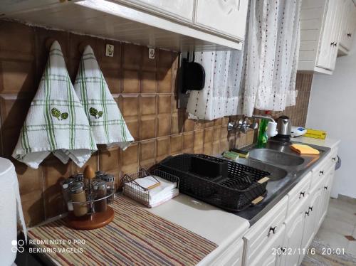 a kitchen with a sink and a counter top at Traditional village house in Kleió
