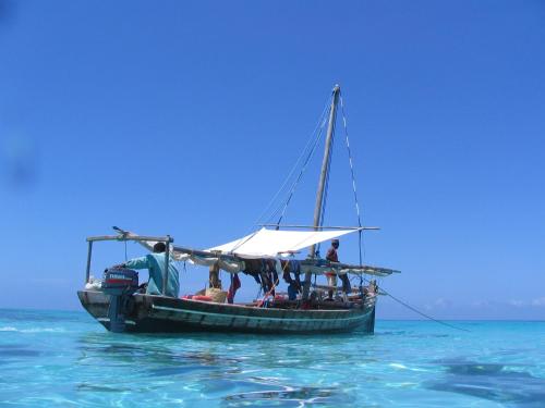 a boat with people on it in the ocean at Chole Mjini Treehouses Lodge in Utende