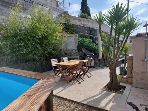 a patio with a table and chairs next to a pool at Charmant haut de villa in Châteauneuf