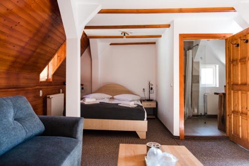 a bedroom with a bed and a couch and a table at Gasthaus Hundorf in Viişoara