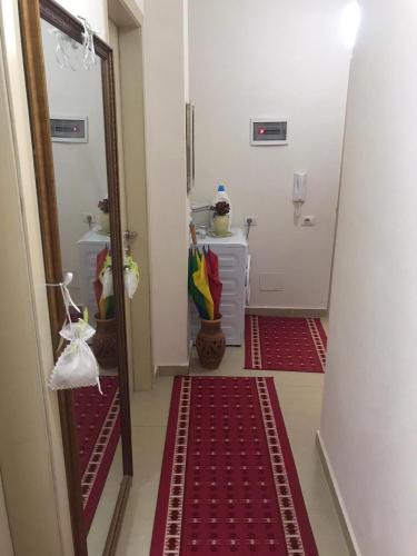 a hallway with a mirror and a red carpet at JON apartment KORCE in Korçë