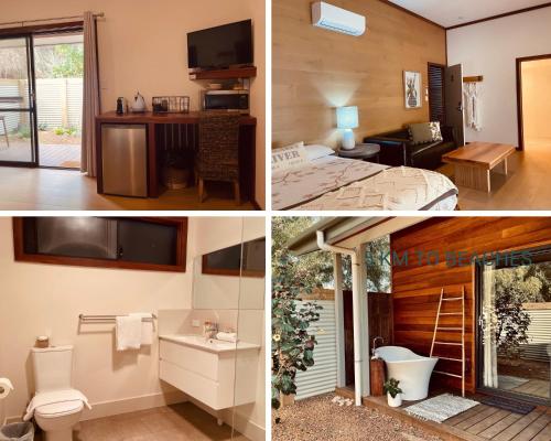 a collage of three pictures of a bedroom at Grape Juice Retreat in Margaret River Town