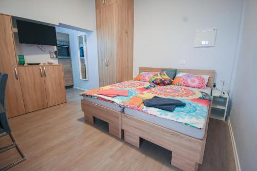 a bedroom with a bed with a tv on it at Apartmaji Sobe Zvezda in Pobegi