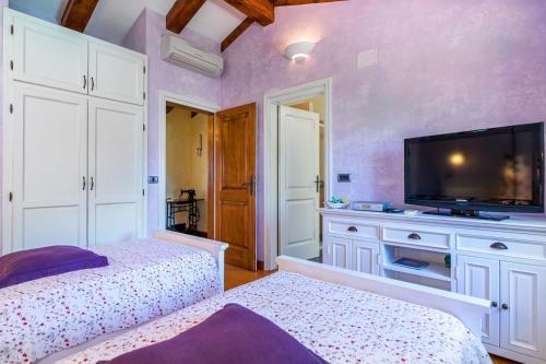 a bedroom with two beds and a flat screen tv at Villa Mala Kopa in Barban