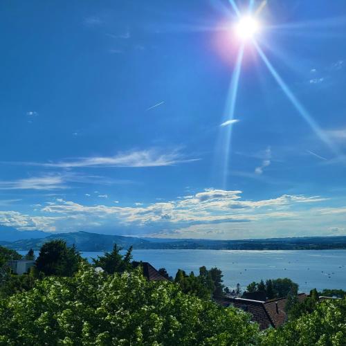 a view of a lake with the sun in the sky at Guggital Hotel Restaurant in Zug
