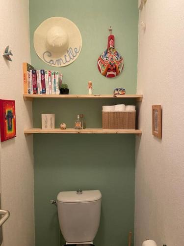 La salle de bains est pourvue de toilettes et d'étagères murales. dans l'établissement Lou Caméou, à Marseillan