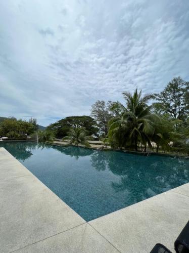 a large swimming pool with palm trees in the background at By The Sea Beachfront Designer Suites Penang - Managed by Art of Tree in Batu Ferringhi