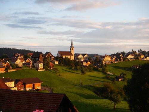 a small town with a church on a green hill at Schwellbrunn,Ferienwohnung mit Säntissicht in Schwellbrunn