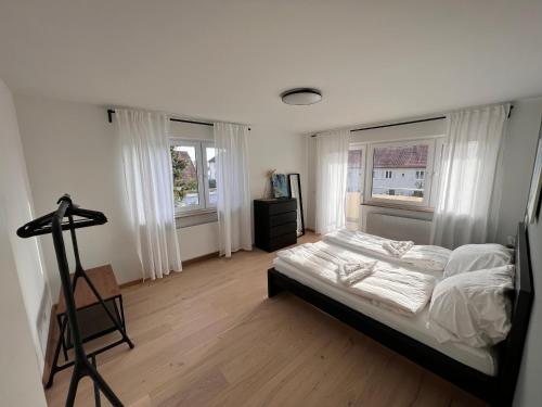 ein Schlafzimmer mit einem Bett, einer Kommode und zwei Fenstern in der Unterkunft Lake & Mountains - Modern Living - 70sqm in Kressbronn am Bodensee