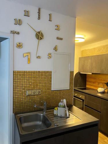 a kitchen with a sink and a clock on the wall at Appartement im Funkenhöfchen in Pirna
