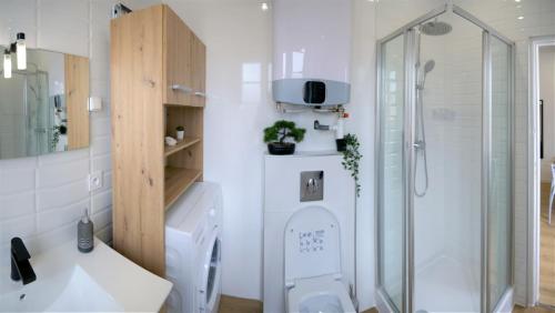 La salle de bains est pourvue d'une douche et de toilettes. dans l'établissement Studio Northwich centre-ville, à Dole