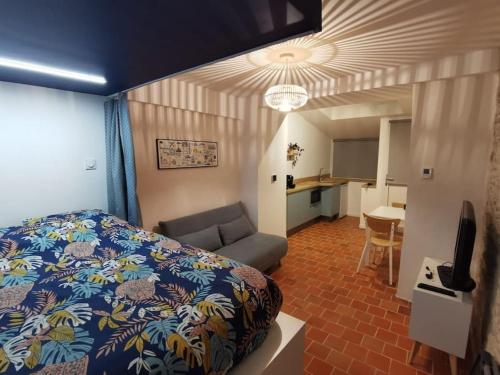 1 dormitorio con cama, sofá y cocina en Studio au calme en bord de Loire, en Rezé