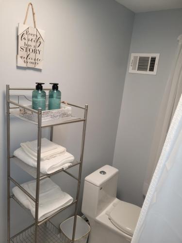 La salle de bains est pourvue de toilettes et d'une étagère avec des serviettes. dans l'établissement City vibes, à Philadelphie