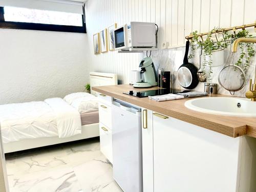 une petite cuisine avec un évier et un lit dans l'établissement Studio - Le Marbre - aux portes du Futuroscope, à Chasseneuil-du-Poitou