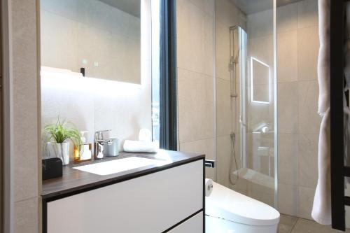 a bathroom with a sink and a toilet and a shower at Hérisson - A Valley Chalets Signature Residence in Hakuba