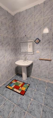 een badkamer met een wastafel, een spiegel en een aanrecht bij The white villas (TWV) in Ras Sedr