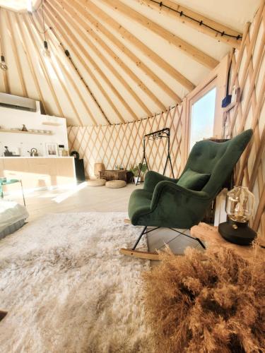 a living room with a green chair and a rug at Hoya Glamping in Gostynin