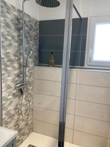 a shower with a glass door in a bathroom at L'Escapade in Domvast