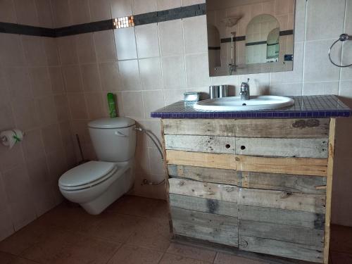 a bathroom with a toilet and a sink with a mirror at Okutala Etosha Lodge in Outjo